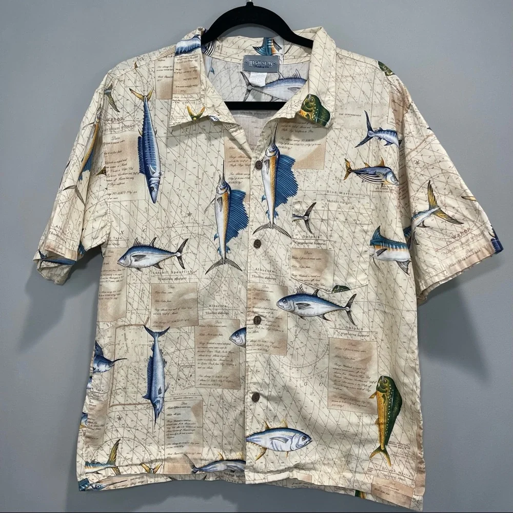 High Seas  Shirt, Tropical Saltwater Game Fish Print, Button Front,